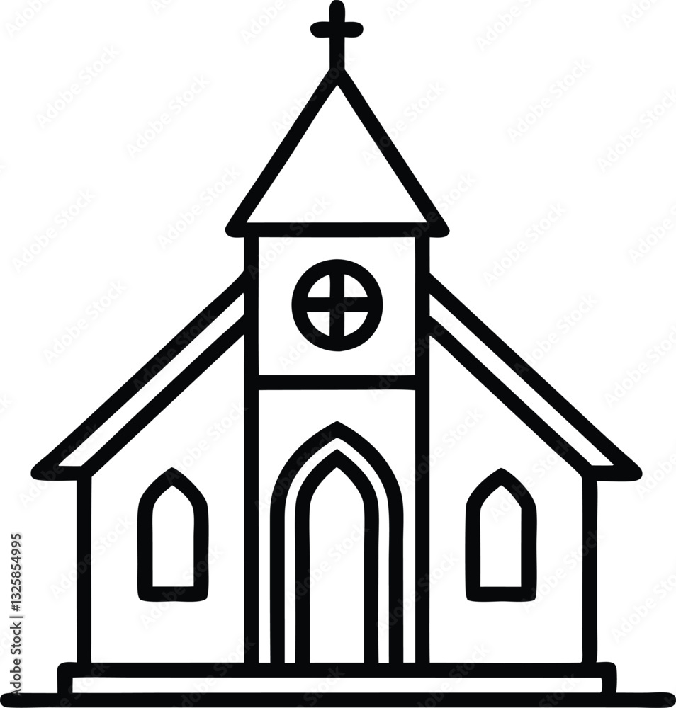 Christian church line art icon, Christian church with cross outline, Church house vector Christian church line art icon, Christian church with cross outline, Church house vector