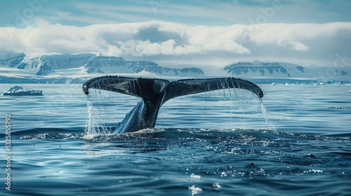 Whale Migration A whale's tail emerges from the ocean, splashing water against a serene backdrop of icy landscapes and clouds.