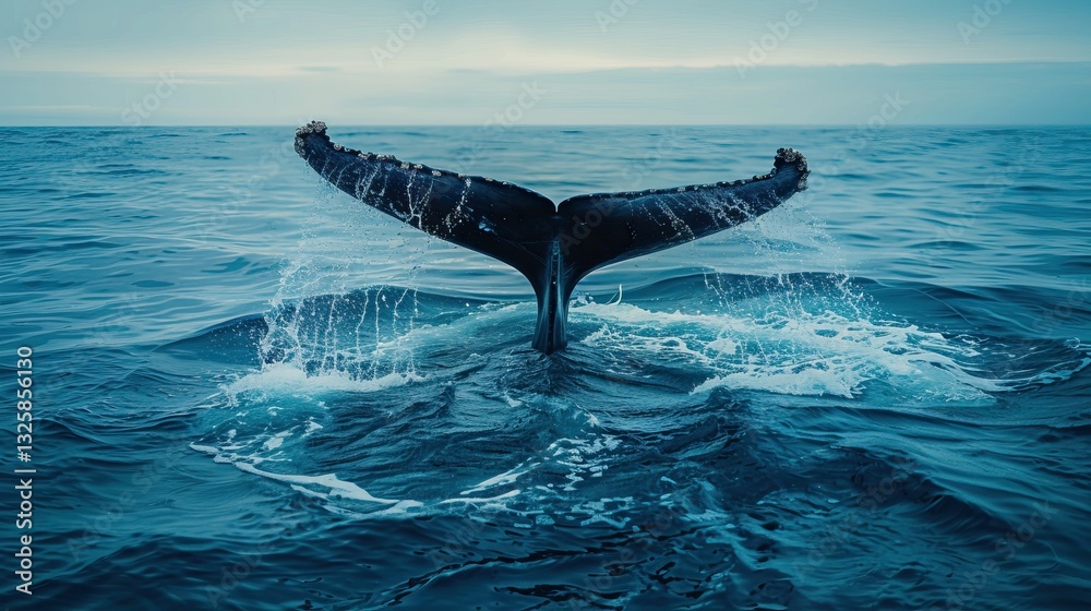 Fototapeta premium Whale Migration A majestic whale's tail rises above the ocean surface, creating splashes as it dives into the depths, showcasing the beauty of marine life.