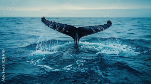 Whale Migration A majestic whale's tail rises above the ocean surface, creating splashes as it dives into the depths, showcasing the beauty of marine life.