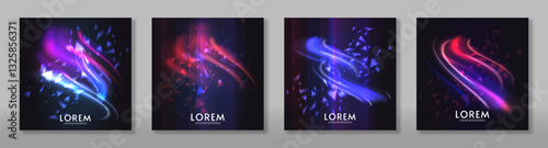 Set of glow lights elements design on dark background. Bright light. Northern lights. Vector illustration. Design for card, banner. 