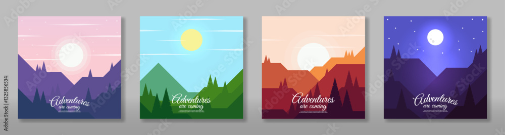 Fototapeta premium Set of abstract vector landscape. Flat style design. Morning, noon, evening and night. Mountains with hills and forest. Touristic card design.