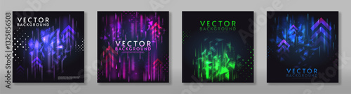 Set of glow lights elements design on dark background. Bright light. Northern lights. Vector illustration. Design for card, banner. 