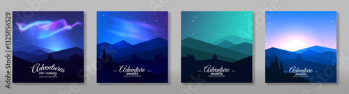 Vector illustration. Set of cards, flat style landscape. Aurora borealis with mountains. Design for poster, postcard, banner, cover.