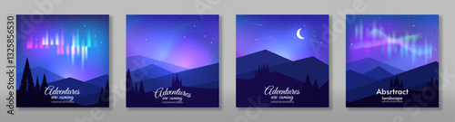 Vector illustration. Set of cards, flat style landscape. Aurora borealis with mountains. Design for poster, postcard, banner, cover.