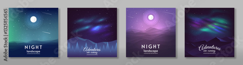 Vector illustration. Set of cards, flat style landscape. Aurora borealis with mountains. Design for poster, postcard, banner, cover.