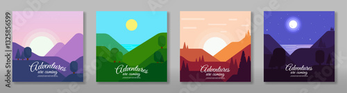 Set of abstract vector landscape. Flat style design. Morning, noon, evening and night. Mountains with hills and forest. Touristic card design.