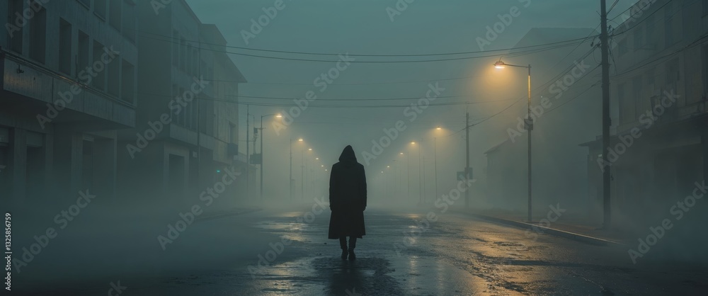Solitary Figure Walking Down Empty Street in Mysterious Foggy Atmosphere at Dusk. Solitary Figure Walking Down Empty Street in Mysterious Foggy Atmosphere at Dusk.