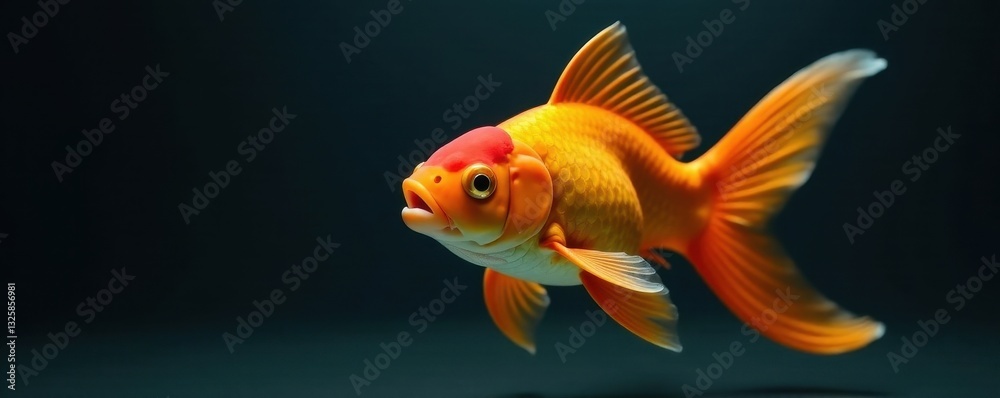 Fototapeta premium Single orange goldfish, gaping mouth, dark backdrop High resolution image , swimming, nature, close up shot