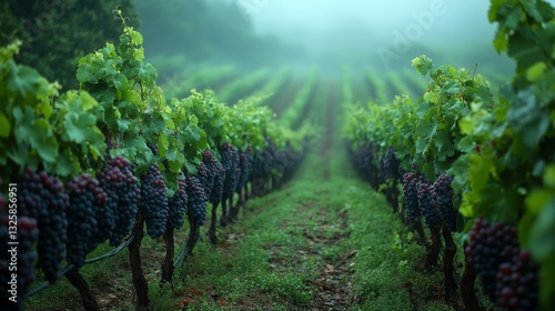 close-up of grapes on the vine in a vineyard in the morning fog