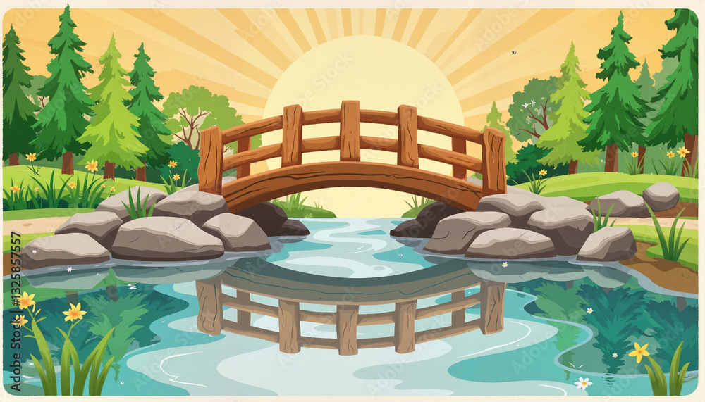 Fototapeta premium Bridge over tranquil stream with trees and sunrise