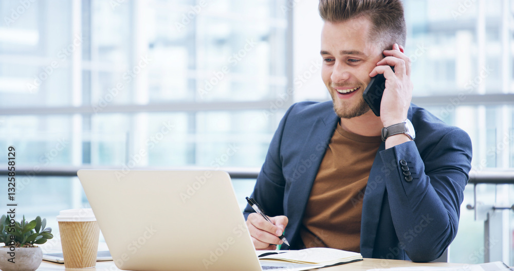 Business, man and laptop with phone call in office of discussion, schedule update and financial offer. Accountant, talking and mobile for reminder, finance chat and investment feedback of negotiation Business, man and laptop with phone call in office of discussion, schedule update and financial offer. Accountant, talking and mobile for reminder, finance chat and investment feedback of negotiation