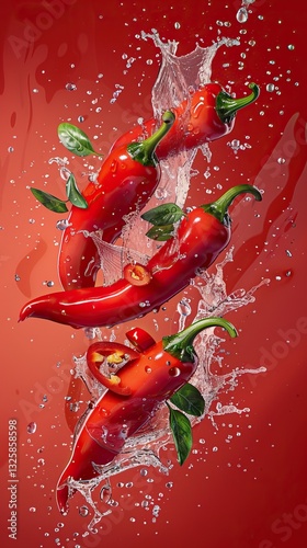 Vibrant red chili peppers splash through water, creating a dynamic visual against a bold red backdrop, highlighting freshness and flavor.