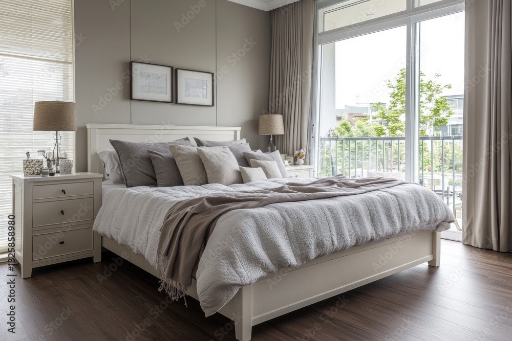 Fototapeta premium Luxurious bedroom with king-size bed, neutral tones, and balcony view.