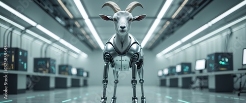 goat robot standing facing forward with a technology room background