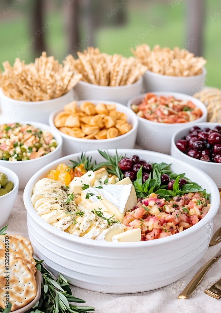 Appetizing Cheese and Crudit?s Platter With Assorted Dips and Crackers Arrayed Outdoors Appetizing Cheese and Crudit?s Platter With Assorted Dips and Crackers Arrayed Outdoors