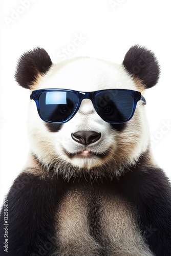 Panda wearing sunglasses posing for the camera on a white background, fun animal portrait showcasing unique style and personality for creative projects.