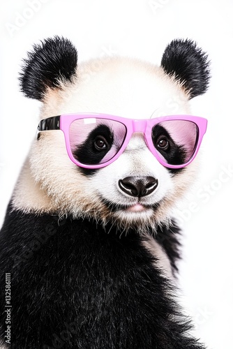 Panda wearing pink sunglasses posing for the camera on white background, cute animal portrait, playful wildlife photography for kids and nature lovers.