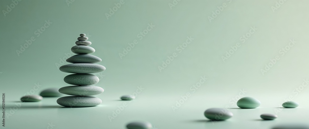 Obraz premium Tranquil Stacked Stones on Soft Mint Background for Serenity Concepts