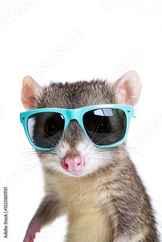 Cute animal wearing sunglasses posing for the camera, playful creature showing personality, fun pet photography, unique animal portraits, character expression.
