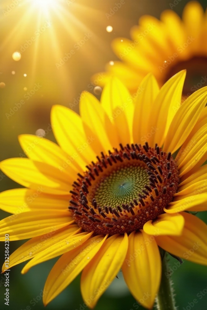 Sunlit sunflower petals, sparkling morning dew, drops, helianthus, image