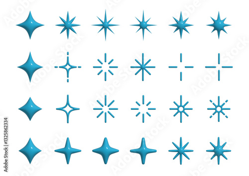 ぷっくりしたキラキラマークのセット　光　アイコン　水色