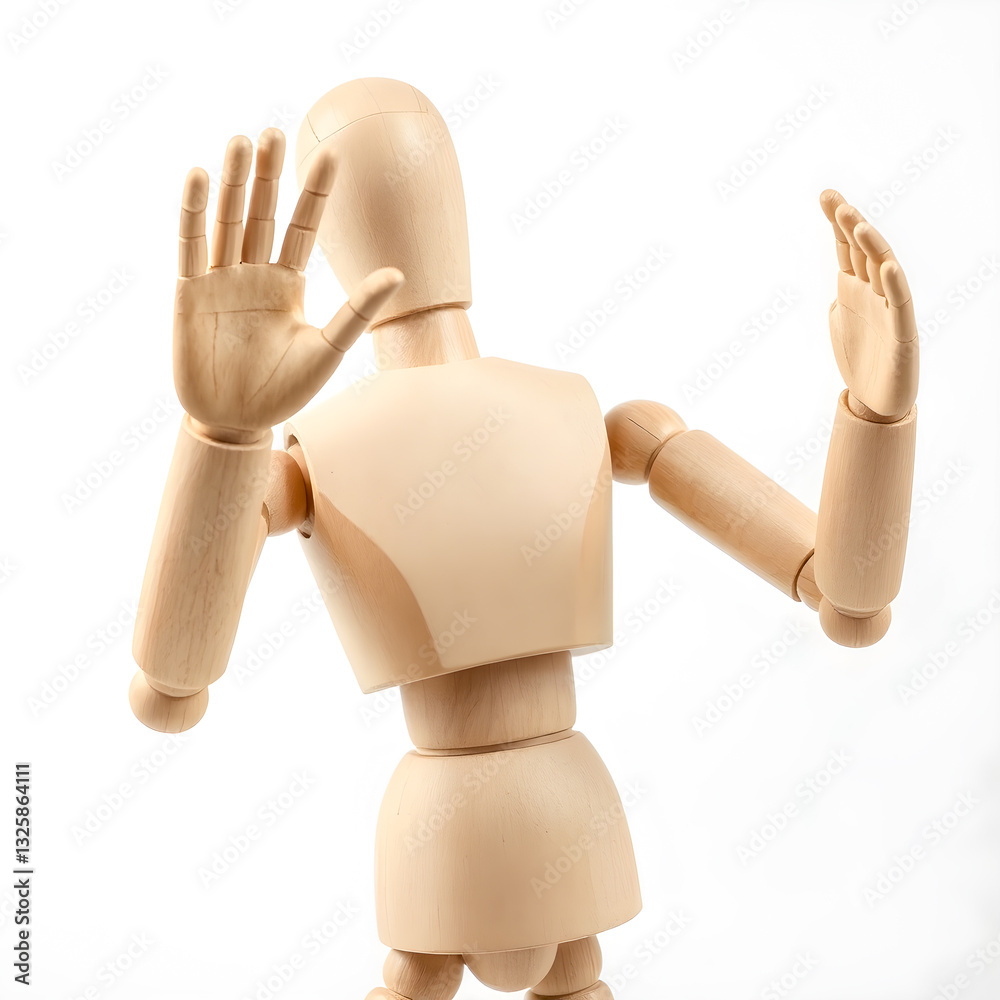 Wooden mannequin with hands up, isolated on white background Wooden mannequin with hands up, isolated on white background