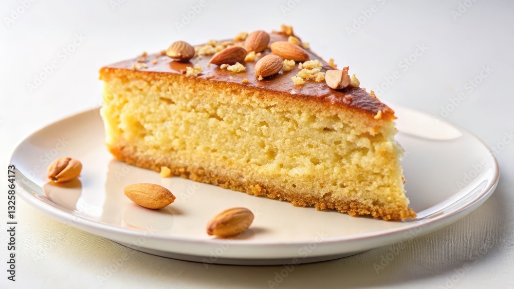 Moist and fluffy slice of almond cake sitting alone on a white plate, with a few crumbs scattered around it Moist and fluffy slice of almond cake sitting alone on a white plate, with a few crumbs scattered around it