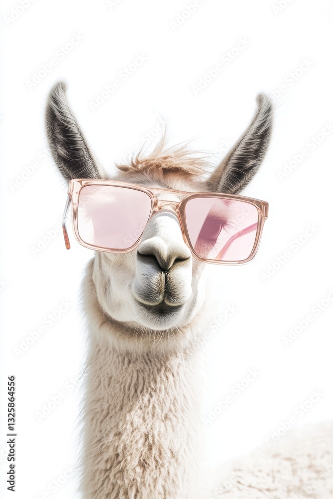 Obraz premium Llama wearing stylish sunglasses posing for the camera, unique animal portrait, trendy pet fashion, fun wildlife photography, quirky animal moments.