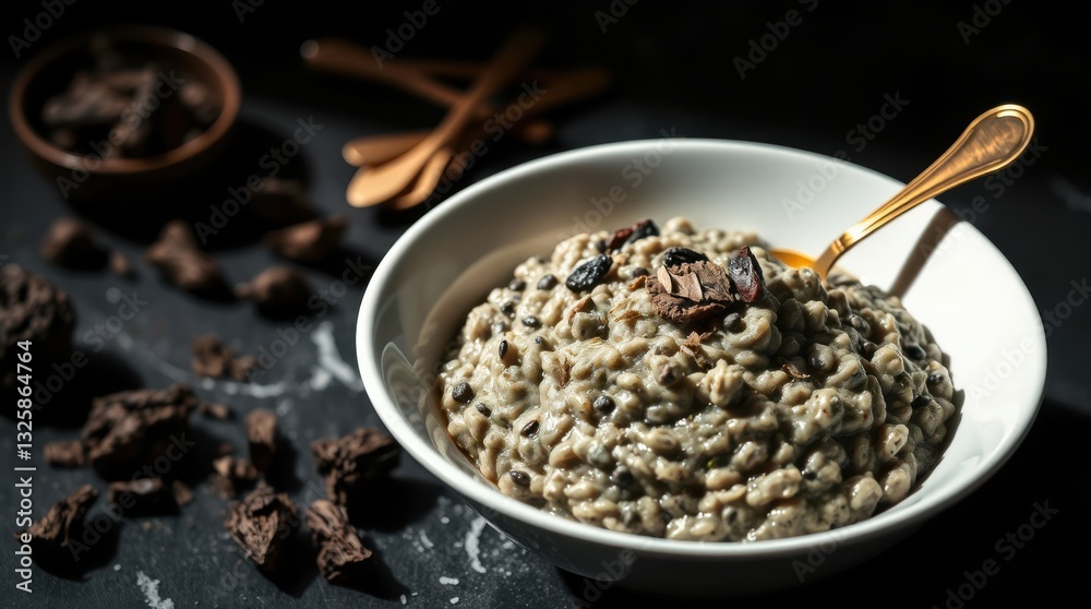 Oatmeal Bowl with Raisins and Chocolate Shavings Served with a Golden Spoon for a Delicious Breakfast Oatmeal Bowl with Raisins and Chocolate Shavings Served with a Golden Spoon for a Delicious Breakfast