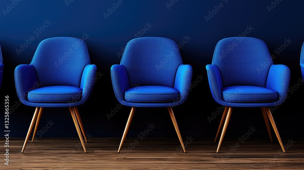 Obraz premium Modern blue armchairs arrangement contemporary interior furniture display cozy environment perspective viewpoint design concept