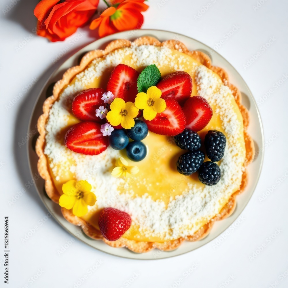 Fruity tart: A delightful dessert with vibrant berries and floral decorations atop a creamy custard. Fruity tart: A delightful dessert with vibrant berries and floral decorations atop a creamy custard.
