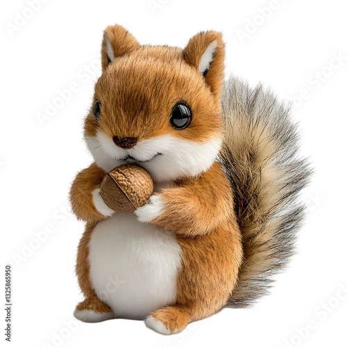 Adorable plush squirrel holding an acorn, set against a clean white background, perfect for children's decor