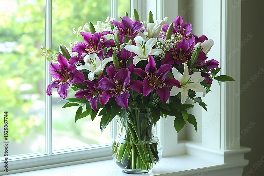 Fototapeta premium A Beautiful Bouquet Of Mixed Lilies In A Glass Vase