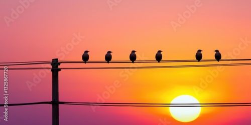 A serene sunset scene with birds perched on power lines, showcasing vibrant colors in the sky.