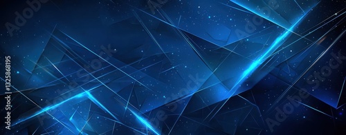 A Deep Blue Background Visual Artwork Filled with Technology and Futuristic Themes. Multiple Glowing Blue Lines and Geometric Shapes Intertwine and Arrange in a Complex yet Dynamic Composition. The Ba