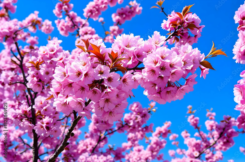 A breathtaking view of cherry blossoms in full bloom against a vivid blue sky. A breathtaking view of cherry blossoms in full bloom against a vivid blue sky.