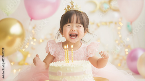 誕生日ケーキの前で微笑むドレスアップした幼い女の子
