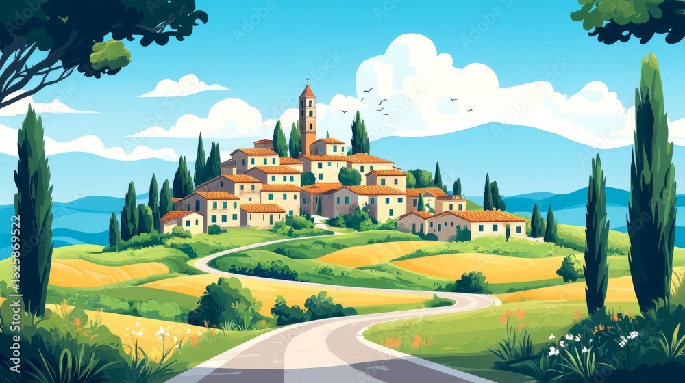 Naklejka premium Hilltop Italian Village Landscape