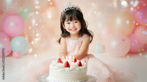 誕生日ケーキの前で微笑むドレスアップした幼い女の子