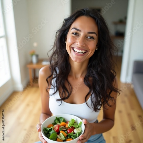 Radiant Health: A beaming woman, radiating happiness, holds a bowl of fresh, colorful salad, embodying wellness and healthy eating.