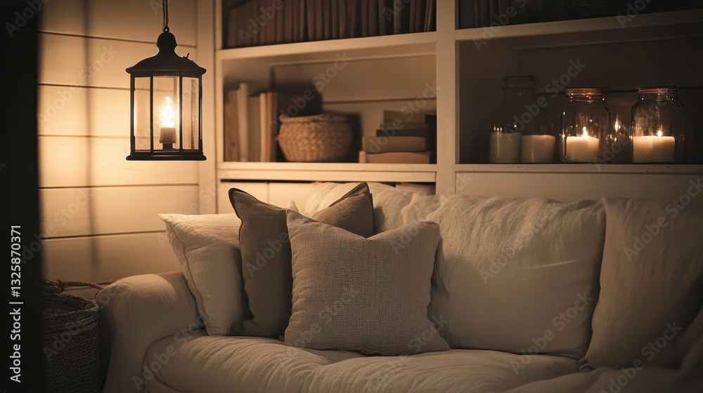 Fototapeta premium Cozy Living Room with Warm Lighting and Display Shelves