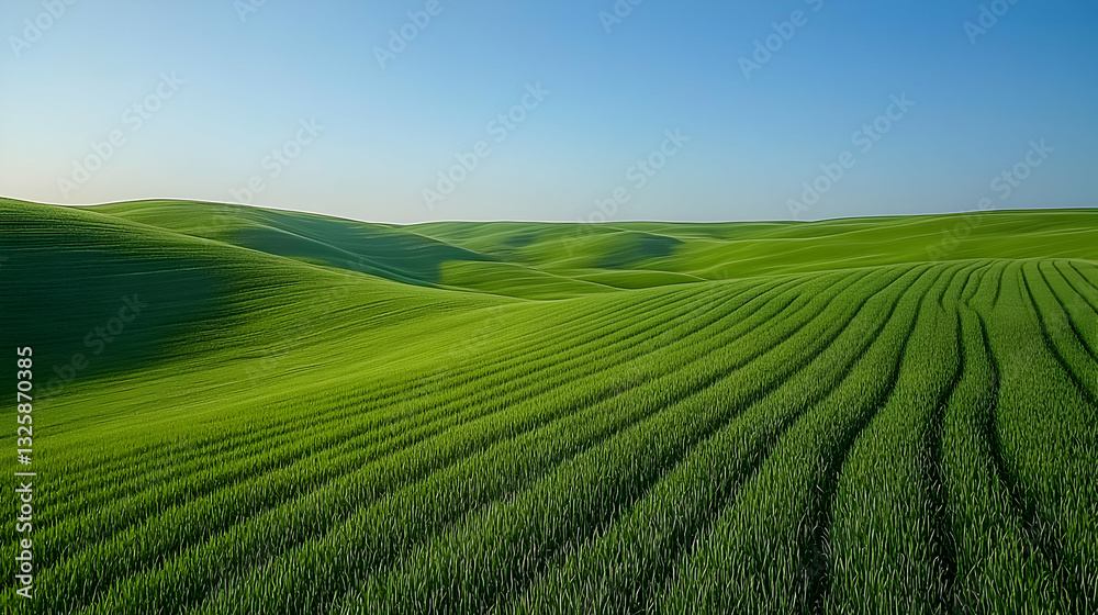 Vibrant Green Rolling Hills Landscape, Lush Field of Crops Under Clear Sky, Serene Nature Scenery Vibrant Green Rolling Hills Landscape, Lush Field of Crops Under Clear Sky, Serene Nature Scenery