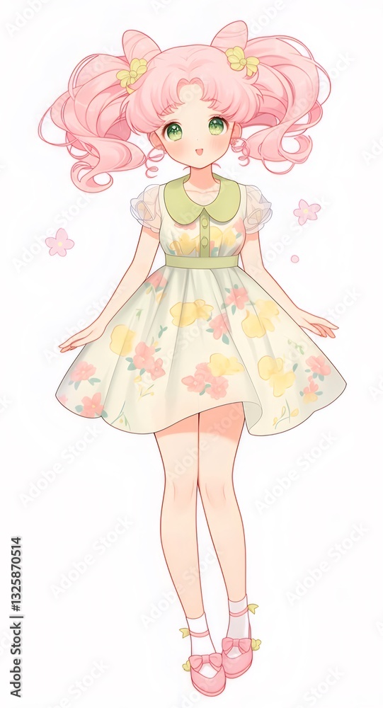 Adorable Anime Girl in Pastel Floral Dress Adorable Anime Girl in Pastel Floral Dress