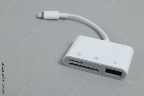 Kudus, 13 Maret 2025 - SD Card Camera Reader Adapter,Flashdisk to Apple iphone . isolated on white background.