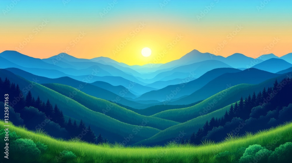 Fototapeta premium Blue And Green Mountain Range At Sunset