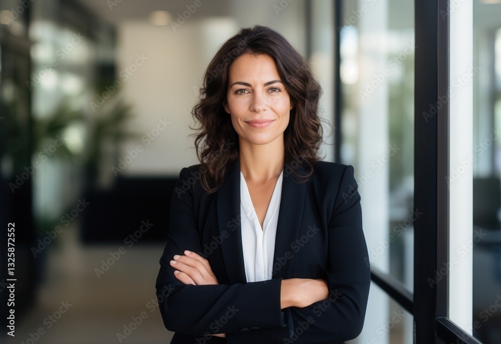 Confident Businesswoman Standing in Modern Office Environment Confident Businesswoman Standing in Modern Office Environment
