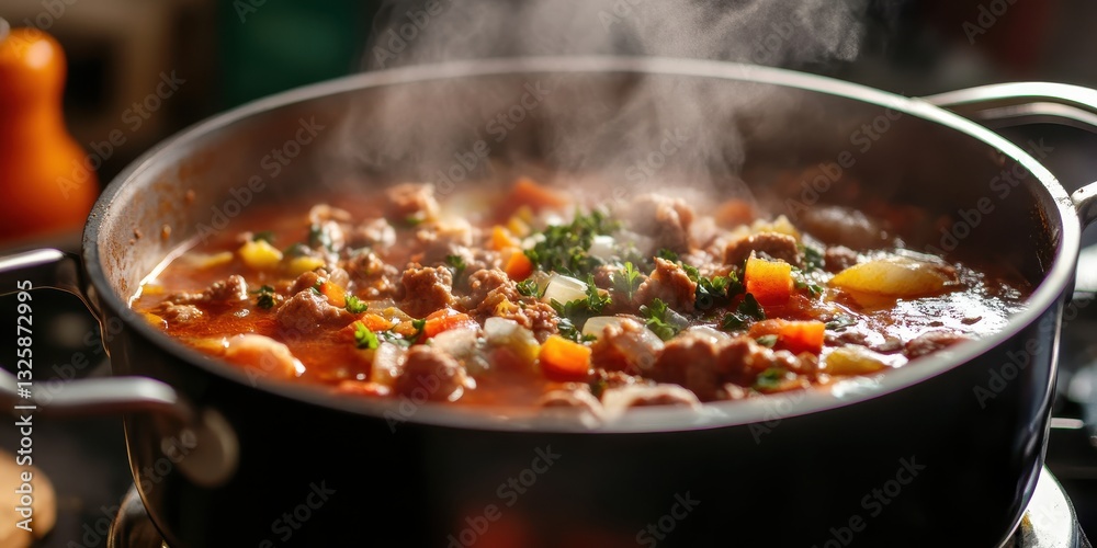 A bubbling pot of homemade stew, steam rising, inviting warmth and comfort in every flavorful bite. A bubbling pot of homemade stew, steam rising, inviting warmth and comfort in every flavorful bite.