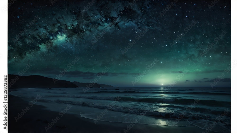Fototapeta premium Whispers of the Celestial Sea: A Hauntingly Beautiful Ocean Under a Starry Night [🌌🌊💫], Bathed in Moody Blues & Silver Mist with Dreamlike Filmic Elegance [📷🎞️🌠]