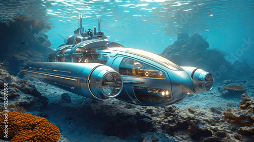 A futuristic bathyscaphe exploring the depths of the ocean in a 3D rendering, showcasing sleek design, technology, and deep-sea exploration with vibrant underwater lighting